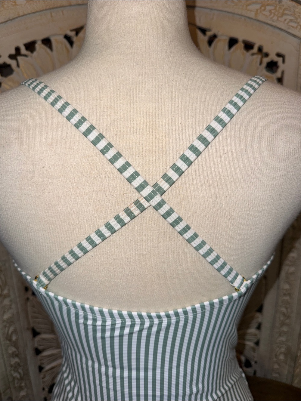 Ellen Tracy Green and White Vertical Stripe One-Piece Swimsuit - Picture 5 of 6